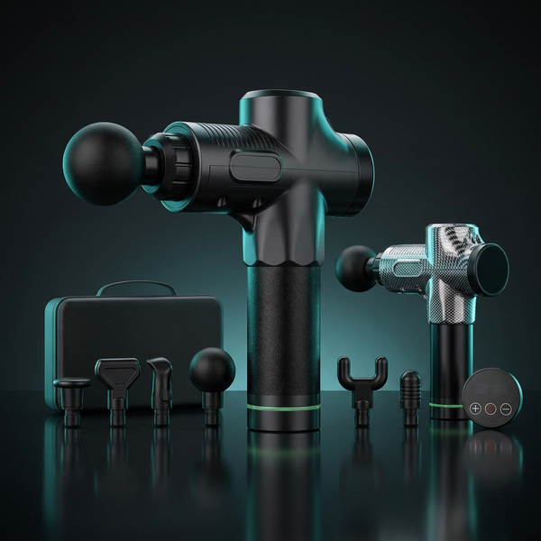 Deep tissue percussion massage gun with attachment heads, dark studio product photo
