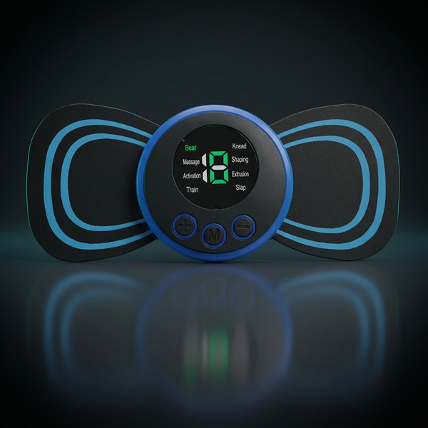EMS muscle massager with control unit and wearable pads, dark studio product photo